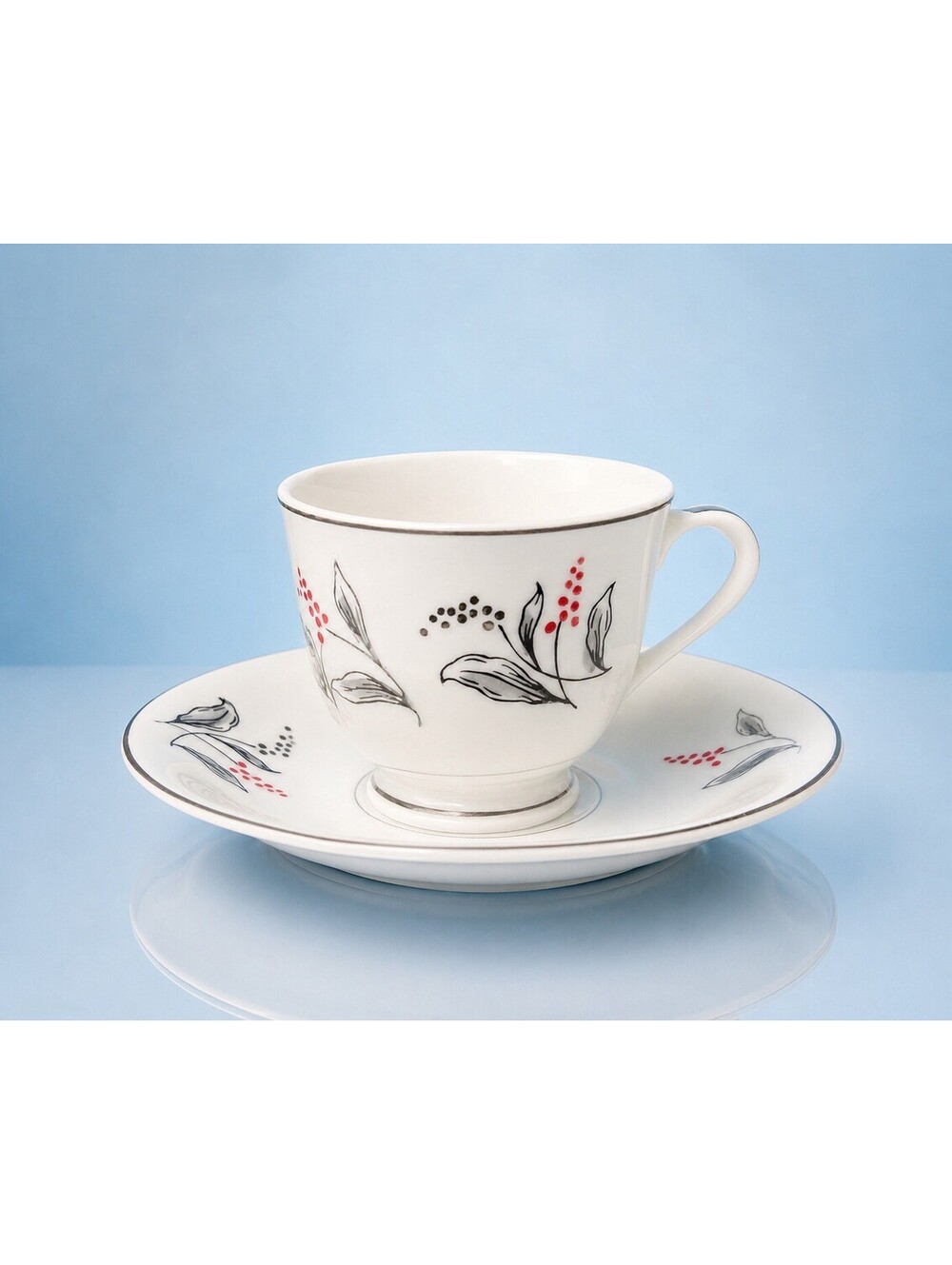 Japanese Vintage 1930s Porcelain Cup Saucer Set Gray Red Berry Floral FREE SHIP